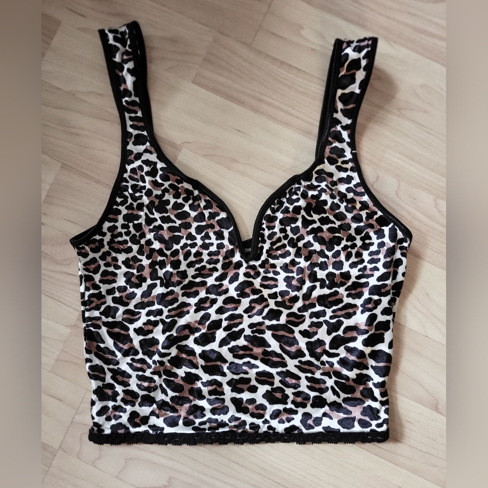Vintage Leopard Print Top •Stretch Satin • Vanity Fair Crop • Print Bustier Tank - Picture 3 of 4